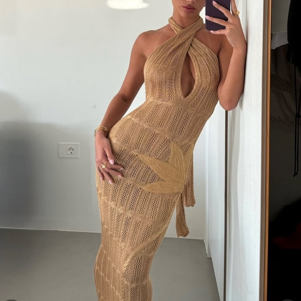 Crochet Nude Tan Embroidered Halter Maxi Dress